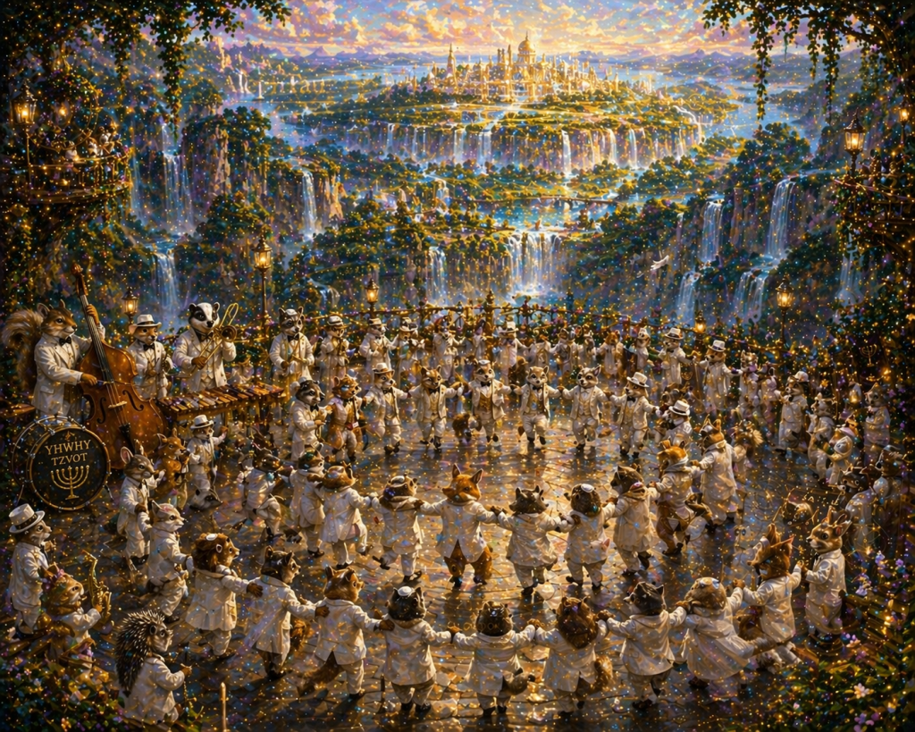 MUSIC ROOM critters on a natural dance floor all dressed and white tuxedos they're dancing arm in arm in a large circle doing a horah dance