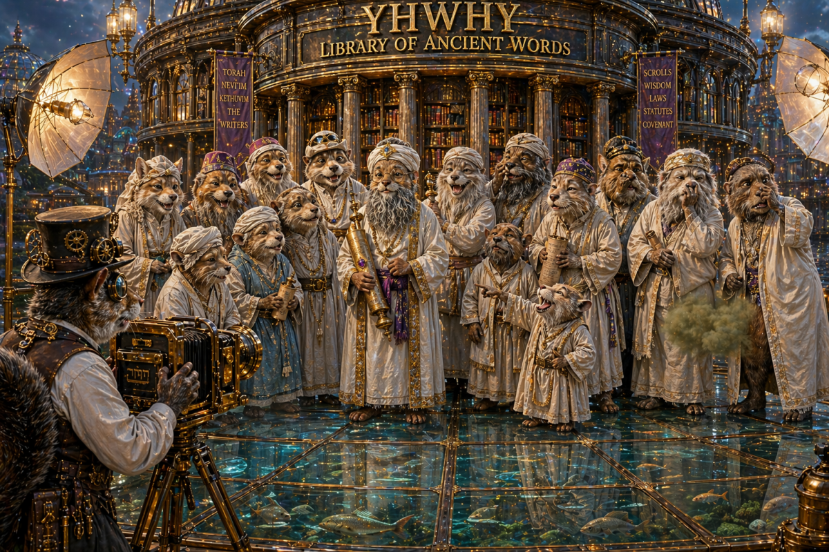 13 distinguished male elders of many different communities have come together for a meeting and stand for a portrait you have the photographer with a steampunk camera