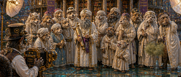 13 distinguished male elders of many different communities have come together for a meeting and stand for a portrait you have the photographer with a steampunk camera