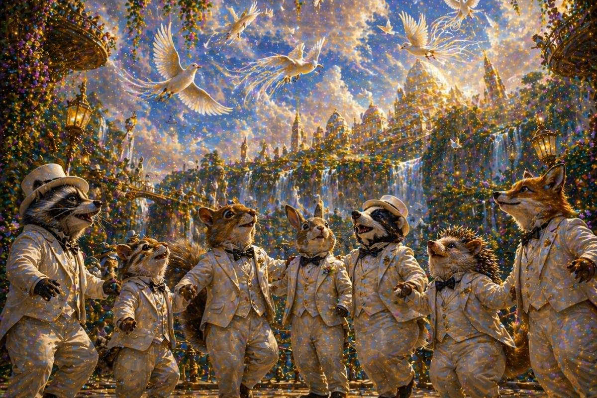 7 dance dancers in a circle waiting for their turn to go to the city white birdies flying around with fancy plumes