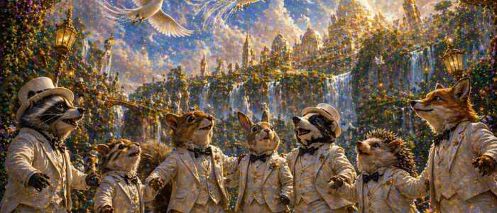 7 dance dancers in a circle waiting for their turn to go to the city white birdies flying around with fancy plumes