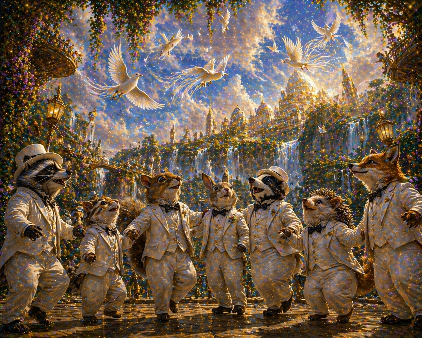 7 dance dancers in a circle waiting for their turn to go to the city white birdies flying around with fancy plumes