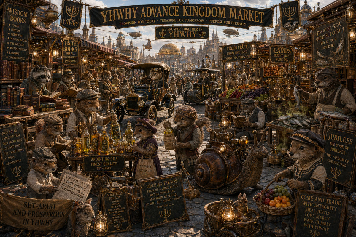 advance kingdom market and bizarre with lots of merchants with stands and tables of fruits and lamps and oil some merchants have books others have stinky fish