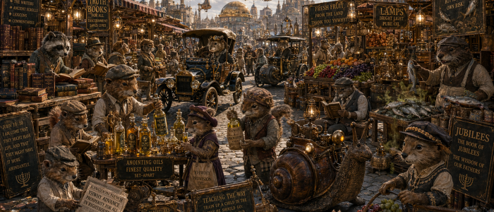 advance kingdom market and bizarre with lots of merchants with stands and tables of fruits and lamps and oil some merchants have books others have stinky fish