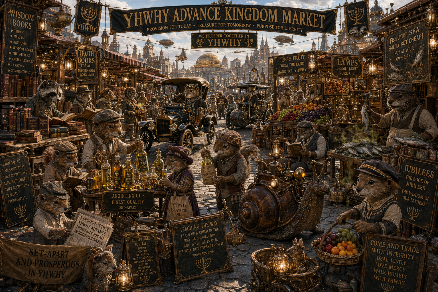 advance kingdom market and bizarre with lots of merchants with stands and tables of fruits and lamps and oil some merchants have books others have stinky fish