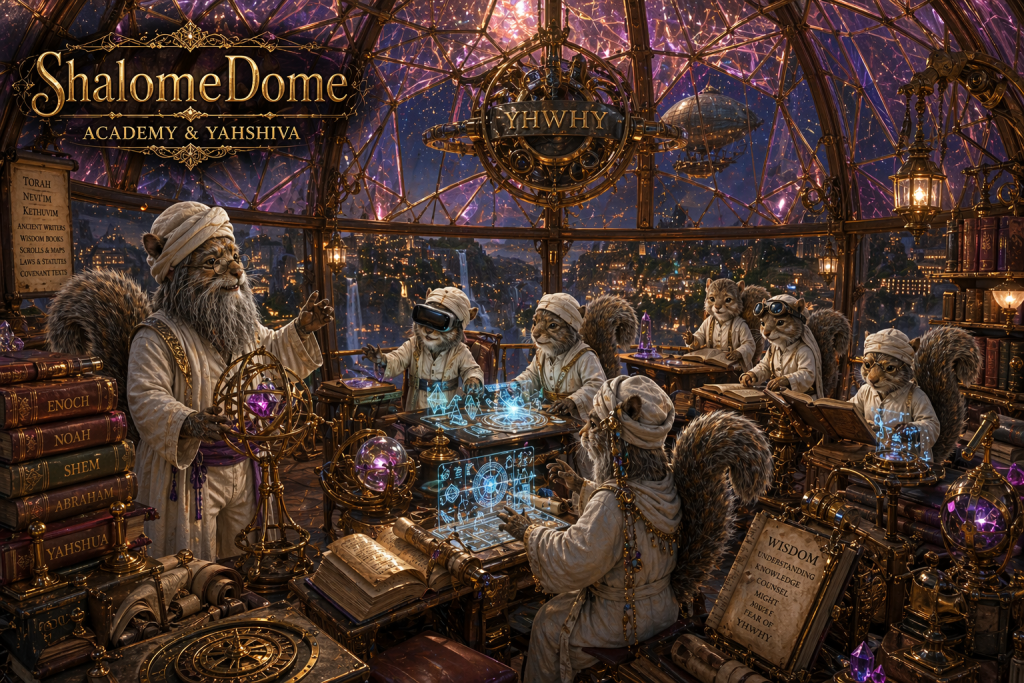 academy yahshiva have fun make it different only seven students of different maturity white doing steampunk learning high vaulted tesseract