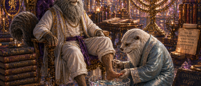 avatar that you made for me earlier sitting on a chair dressed in white the cuffs of my pant legs rolled up one foot is in a crystal bowl of water the other is being washed