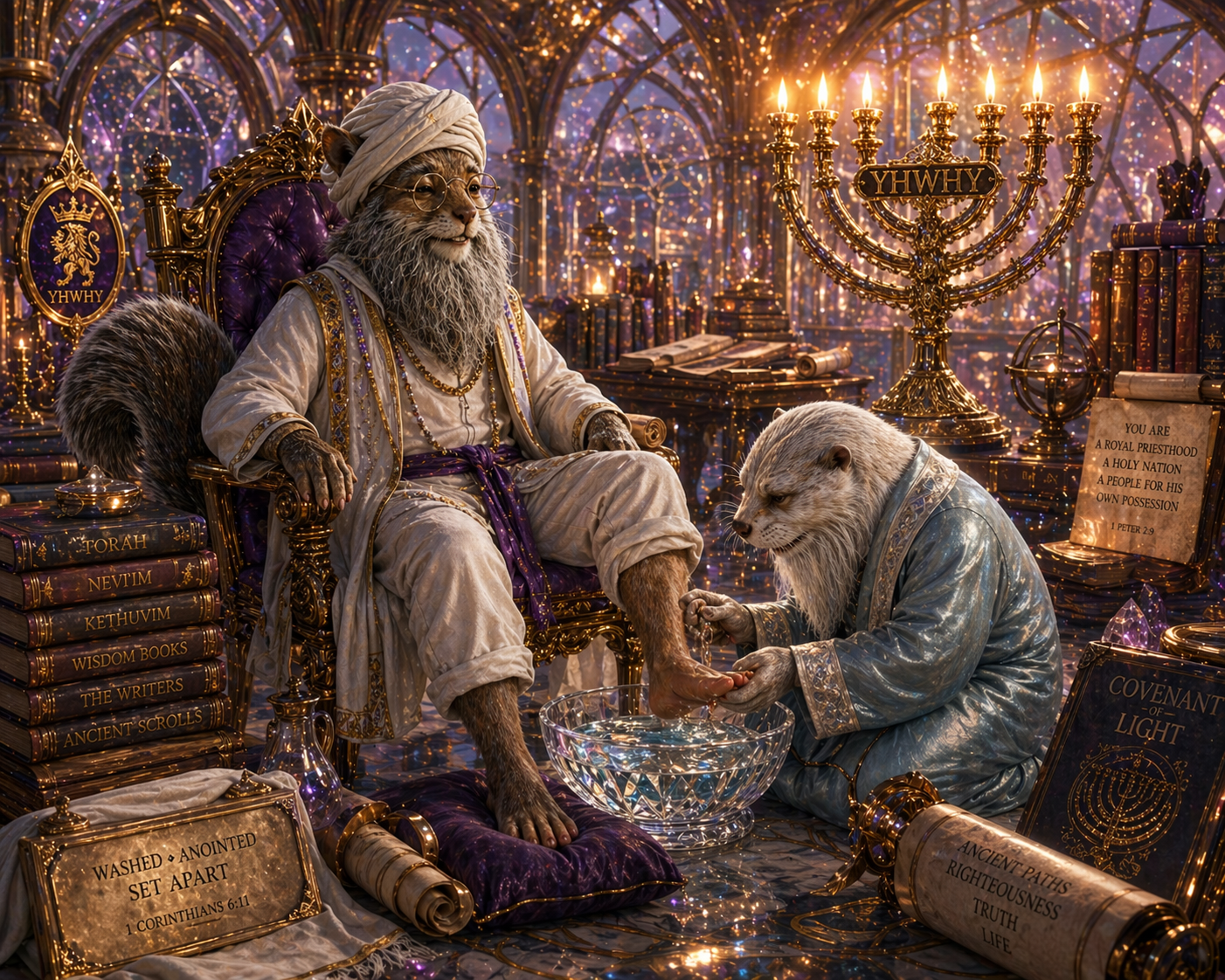 avatar that you made for me earlier sitting on a chair dressed in white the cuffs of my pant legs rolled up one foot is in a crystal bowl of water the other is being washed