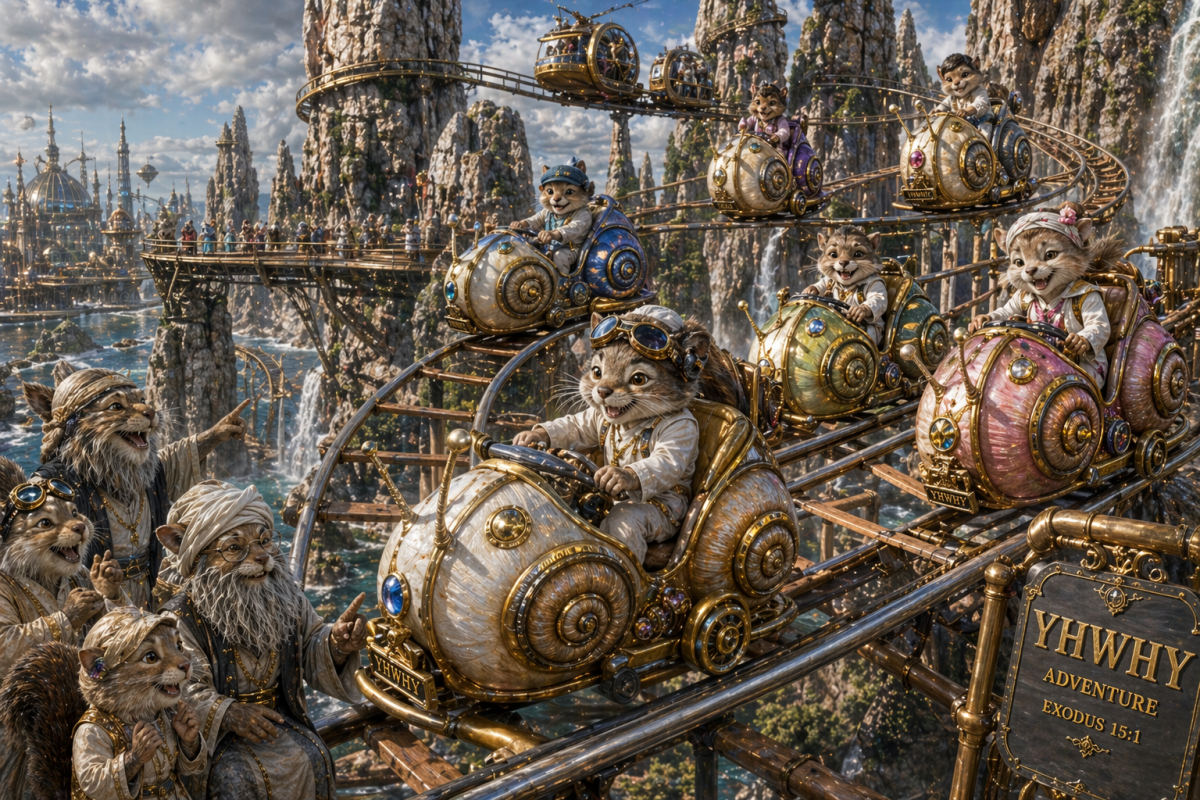 children ride on very elaborate gold and brass steampunk snail kitty cars each one different males and females they are scooting along on a wild mouse track