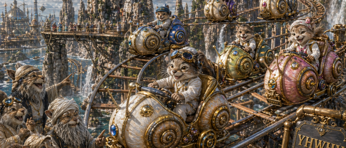 children ride on very elaborate gold and brass steampunk snail kitty cars each one different males and females they are scooting along on a wild mouse track