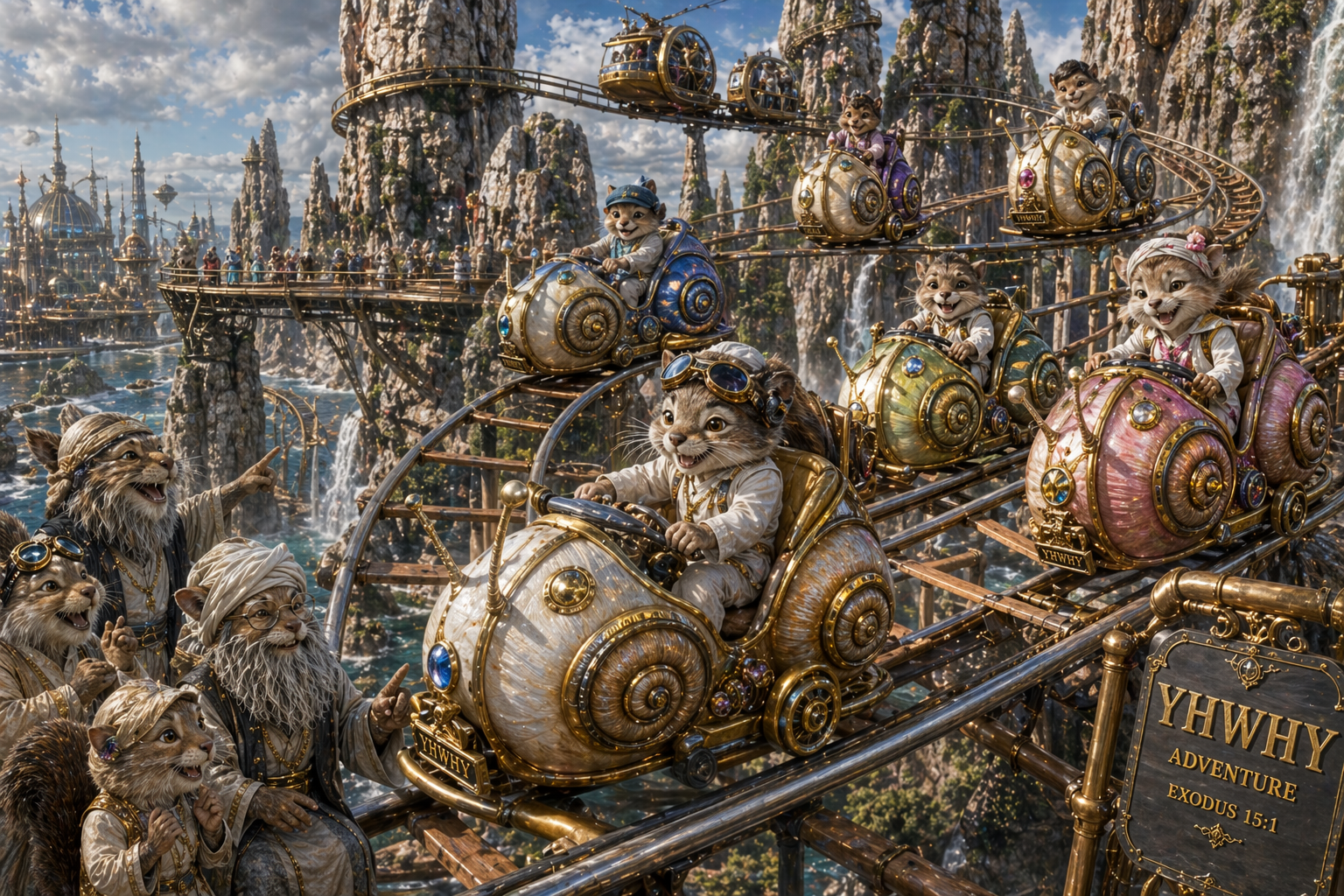 children ride on very elaborate gold and brass steampunk snail kitty cars each one different males and females they are scooting along on a wild mouse track