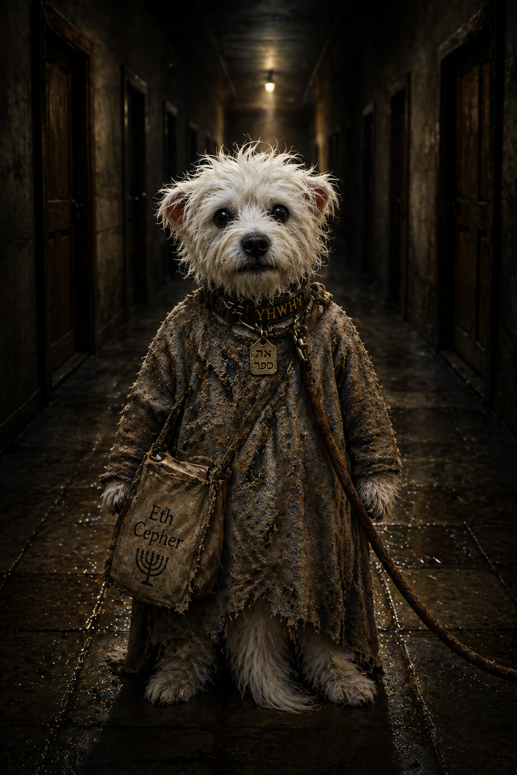 harold buddy new png now full bodyof harold front potgut in dark background perspective inside long hallway dark doorsdim lit to end point lose staff ethcepher in bag on leash