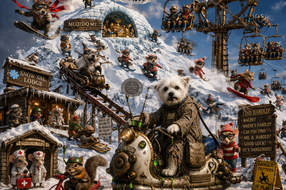 harolds scoot on mlqtzdq mt. at snow shi lodge critters having dangerous fun cause they cant get hut some ski sled on rails big icy igloo with a cave of treasure at the top