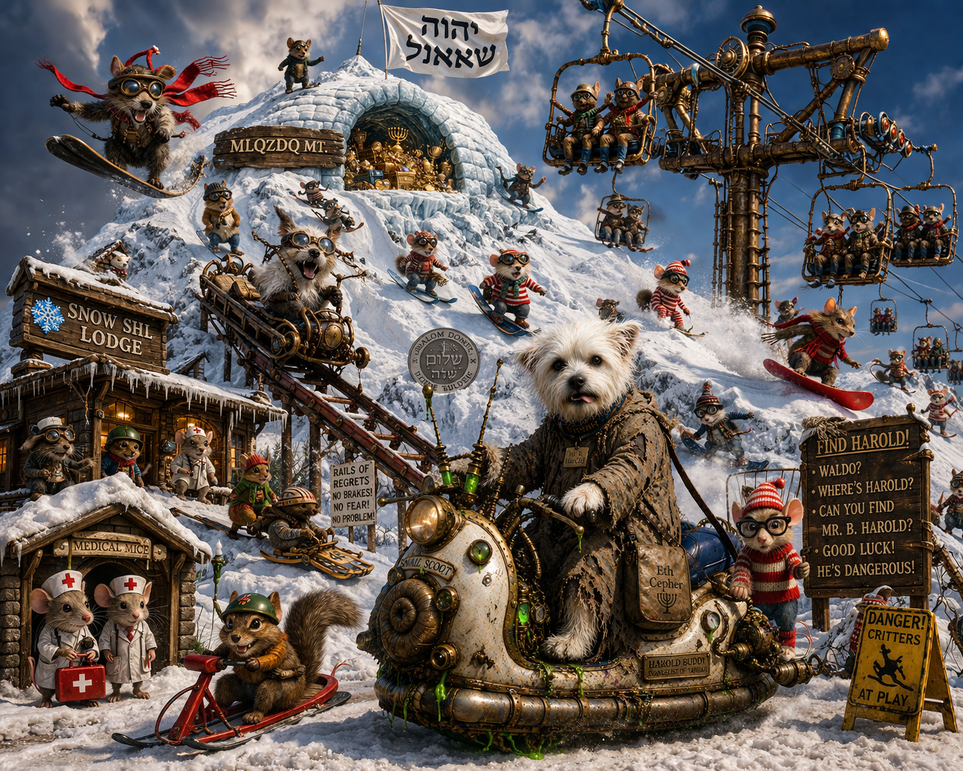 harolds scoot on mlqtzdq mt. at snow shi lodge critters having dangerous fun cause they cant get hut some ski sled on rails big icy igloo with a cave of treasure at the top
