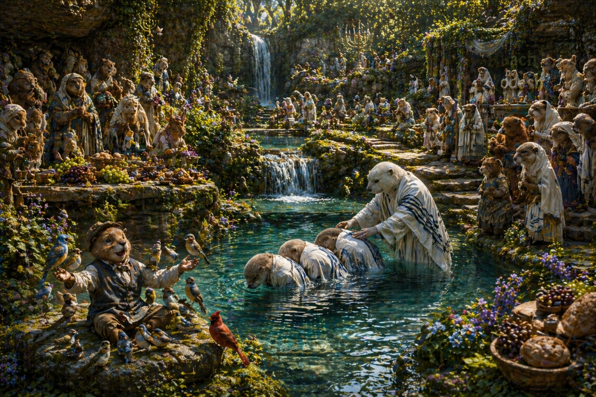mikvah immersion baptism going on with 3 being immersed by the white otter they are going into the water and praising yahuah
