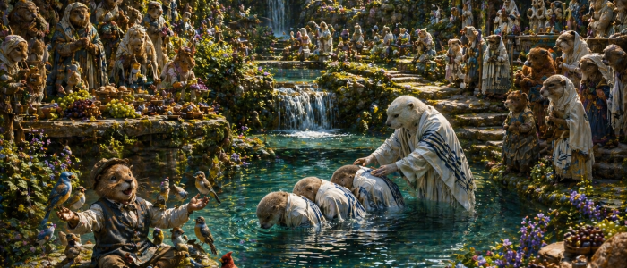 mikvah immersion baptism going on with 3 being immersed by the white otter they are going into the water and praising yahuah