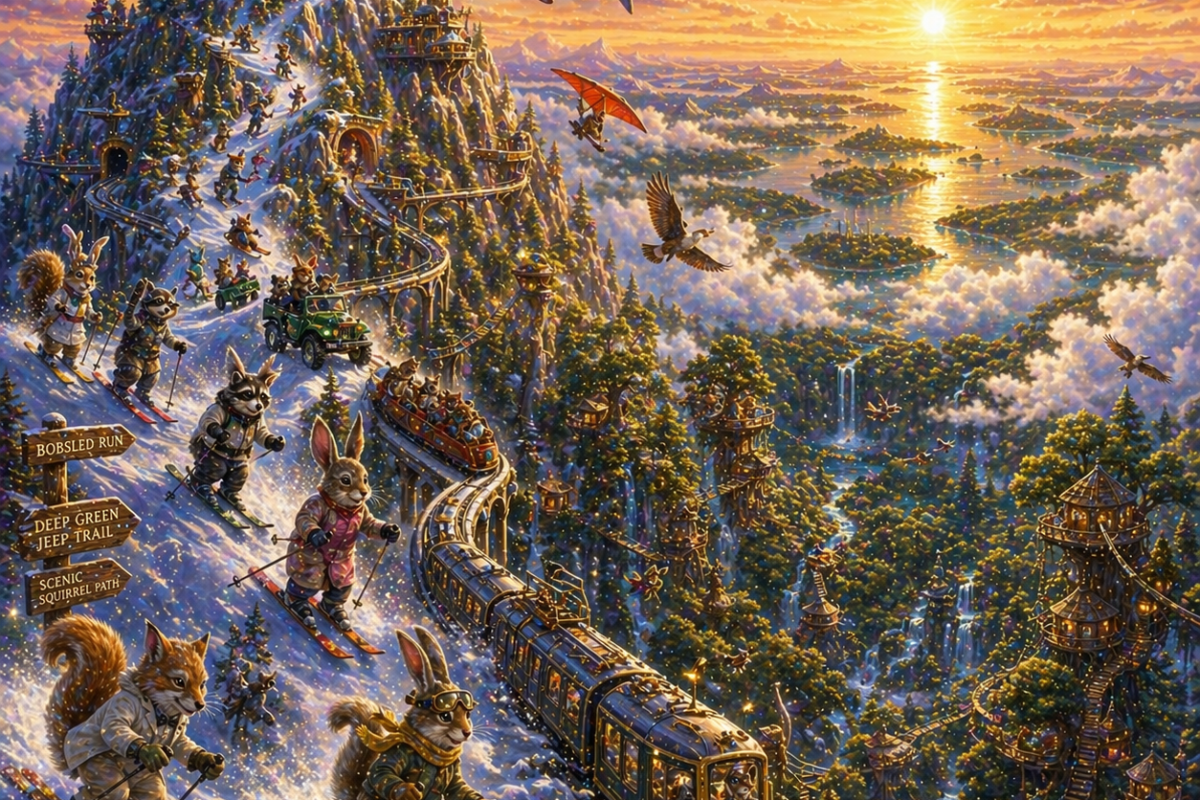 mount melek tzadoq sitting above the clouds many forest creatures are skiing down the mountain theres some hang gliding theres a monorail system from the bottom and they can bobsled to the bottom