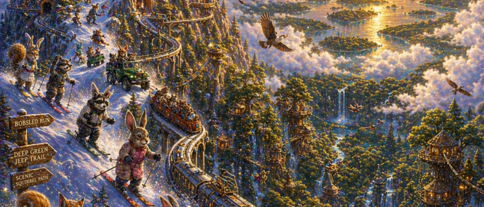 mount melek tzadoq sitting above the clouds many forest creatures are skiing down the mountain theres some hang gliding theres a monorail system from the bottom and they can bobsled to the bottom