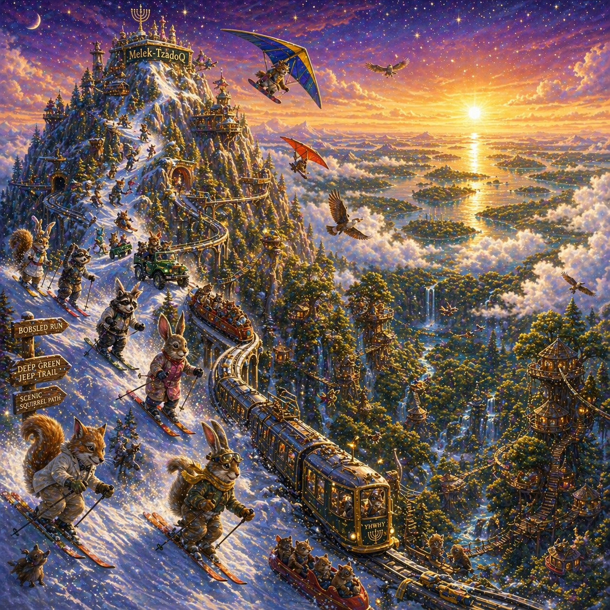 mount melek tzadoq sitting above the clouds many forest creatures are skiing down the mountain theres some hang gliding theres a monorail system from the bottom and they can bobsled to the bottom