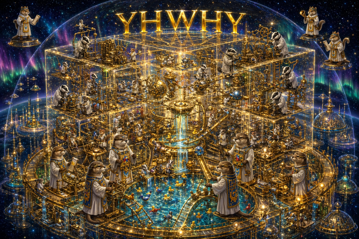 otters in white levitical robes and ephod. badgers in dress coats building all kinds of steampunk contraptions and gadgets into a giant rube goldberg contraption the many mice
