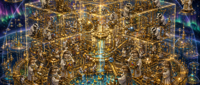otters in white levitical robes and ephod. badgers in dress coats building all kinds of steampunk contraptions and gadgets into a giant rube goldberg contraption the many mice