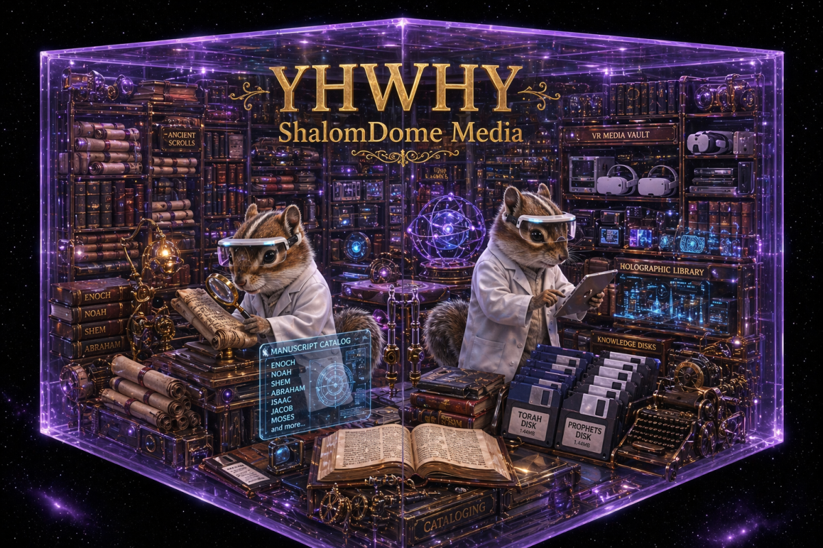 shalomdome media two chipmonks in labcoats and white visors catalog so many manuscripts scrolls floppy disks bookshelves vr media all with in a clear purple cube