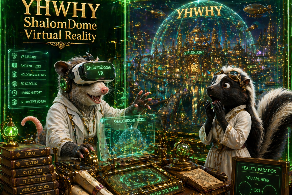 shalomdome virtual reality a passum with vr set and you see him in the shalomdome world paradox the girl skunk is surprised at the realism green clear cubical