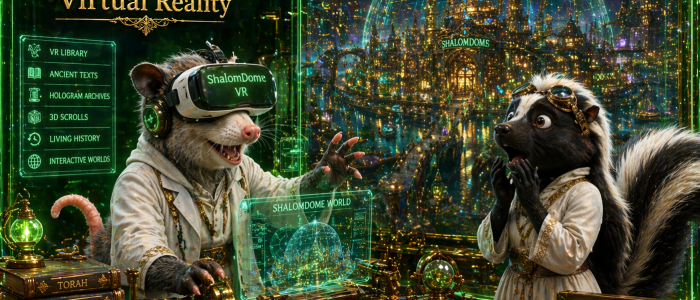 shalomdome virtual reality a passum with vr set and you see him in the shalomdome world paradox the girl skunk is surprised at the realism green clear cubical