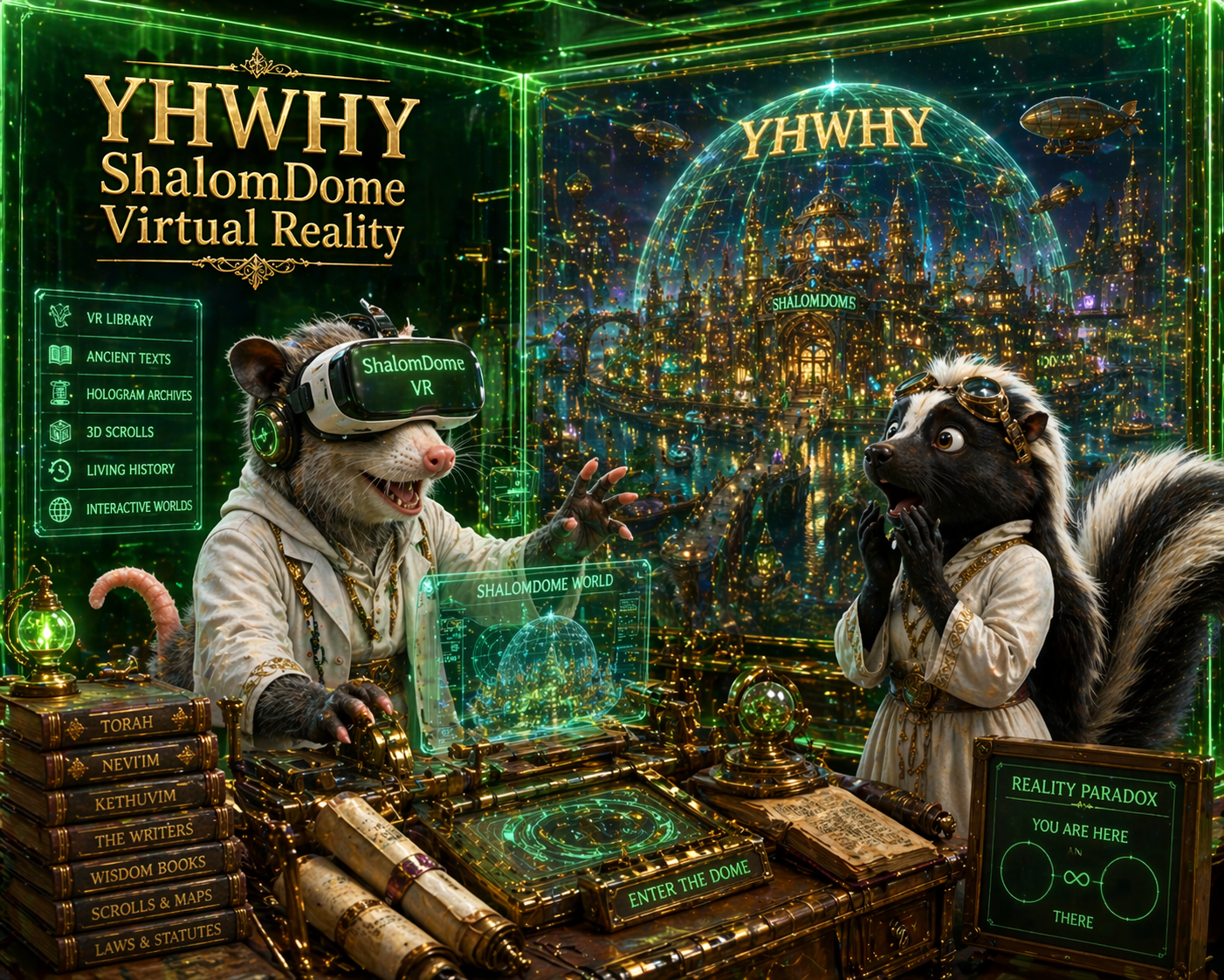 shalomdome virtual reality a passum with vr set and you see him in the shalomdome world paradox the girl skunk is surprised at the realism green clear cubical