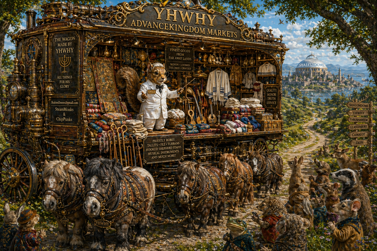 a calliope dial caravan wagon pulled by by shetland ponies that are really big the merchants wagon opens up all of the woolen knitted items linen priestly robes