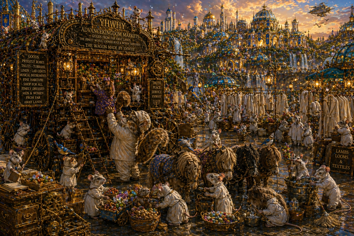 back in the open marketplace two point perspective from before lambs looms and textiles off hours getting ready for shabbat putting things the ponies are attended to by little white mice