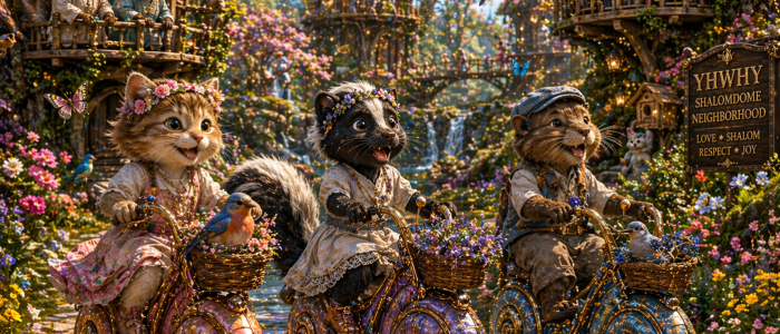 children a girl kitty a girl skunk and a boy muskrat theyre riding bicycles that look like snails