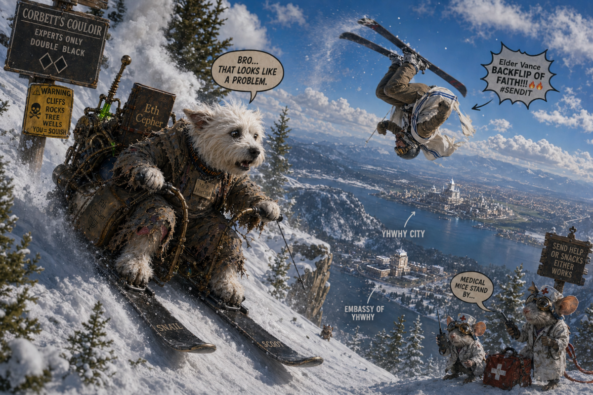down deep snow and cliffs few small cedar trees elder (me) am doing a back flip of the edge harold has look of concern birdies help me with backflip sky runs tis is steepest 2xdiamond