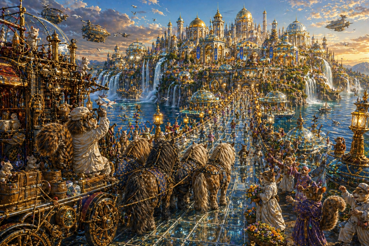 finally at the grand causeway across the waters leading to the marketplace of advancekingdom the city glows above it standing on its glass platforms and the waterfalls