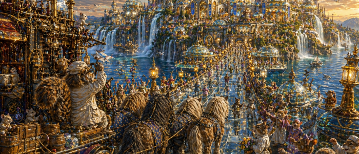 finally at the grand causeway across the waters leading to the marketplace of advancekingdom the city glows above it standing on its glass platforms and the waterfalls