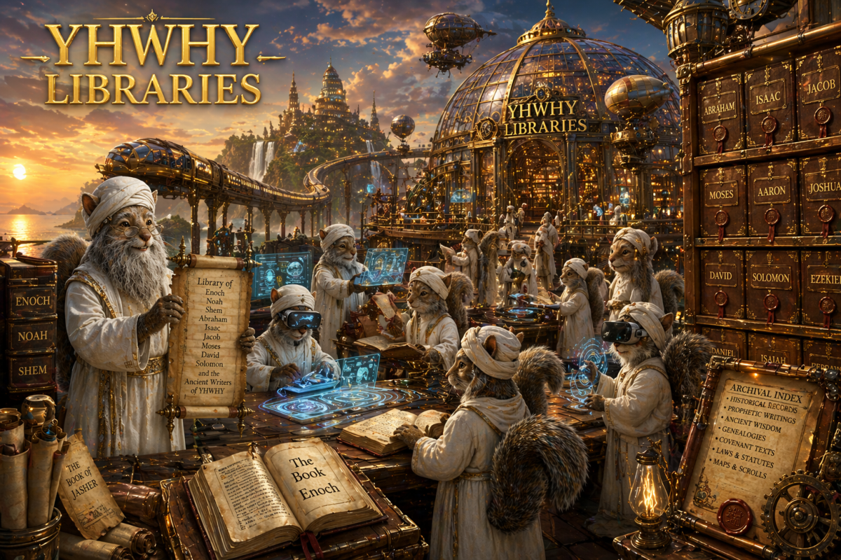 ibraries of the ancient writers like enoch noah shem abraham in the scrolls and bound text on steampunk archival sealed indext libraries elderly squirrels in white royal