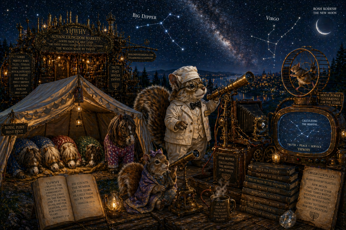 night time the wagon ponies asleep in their tent elder vance has his steampunk telescope hooked up to an antique 4x5 filled camera