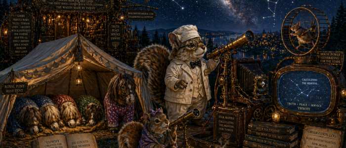 night time the wagon ponies asleep in their tent elder vance has his steampunk telescope hooked up to an antique 4x5 filled camera