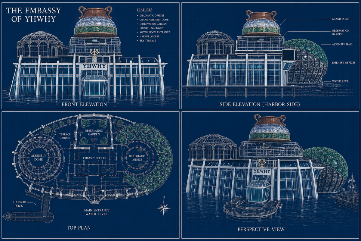 schematic drawing of the embassy of yhwhy, different views