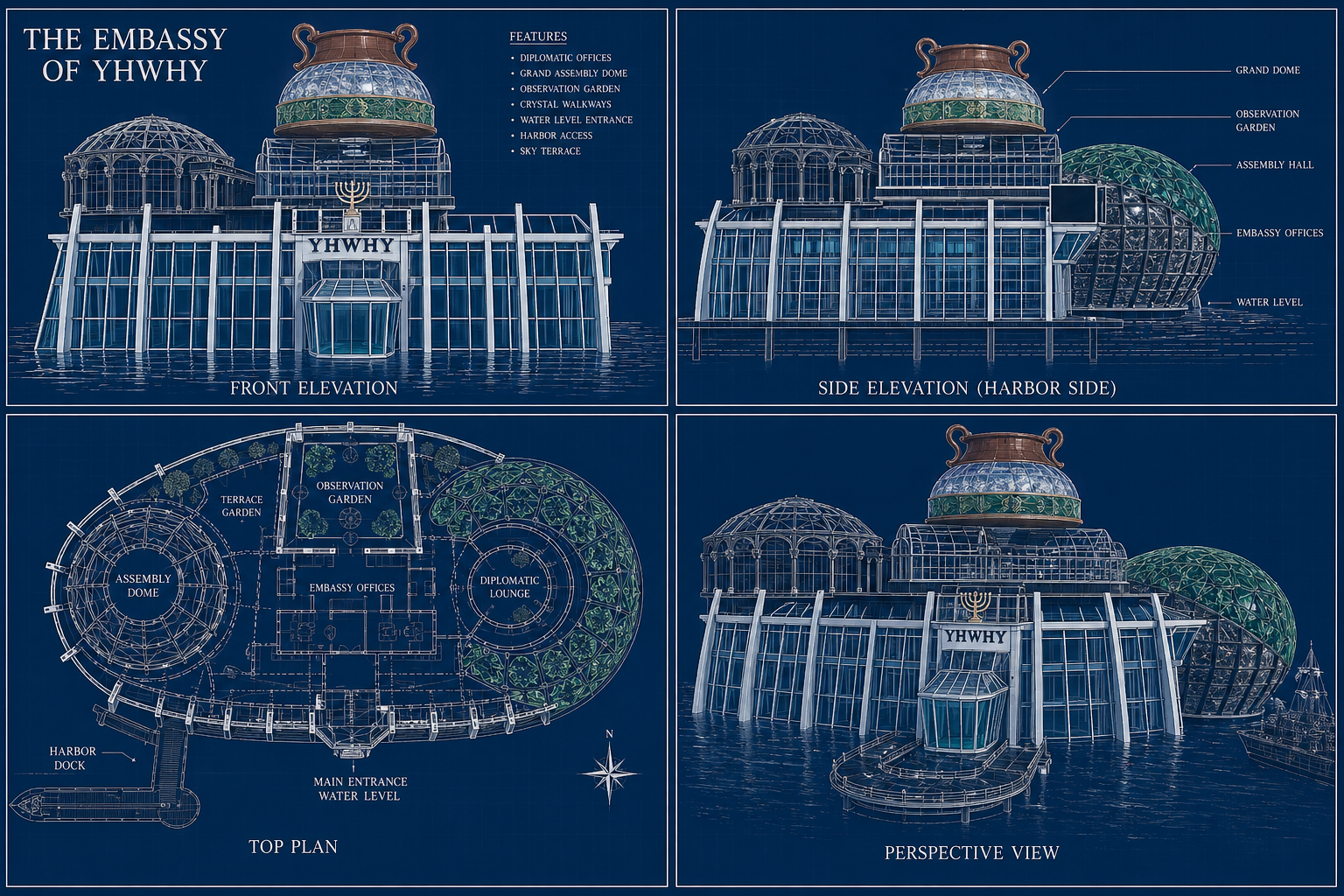 schematic drawing of the embassy of yhwhy, different views