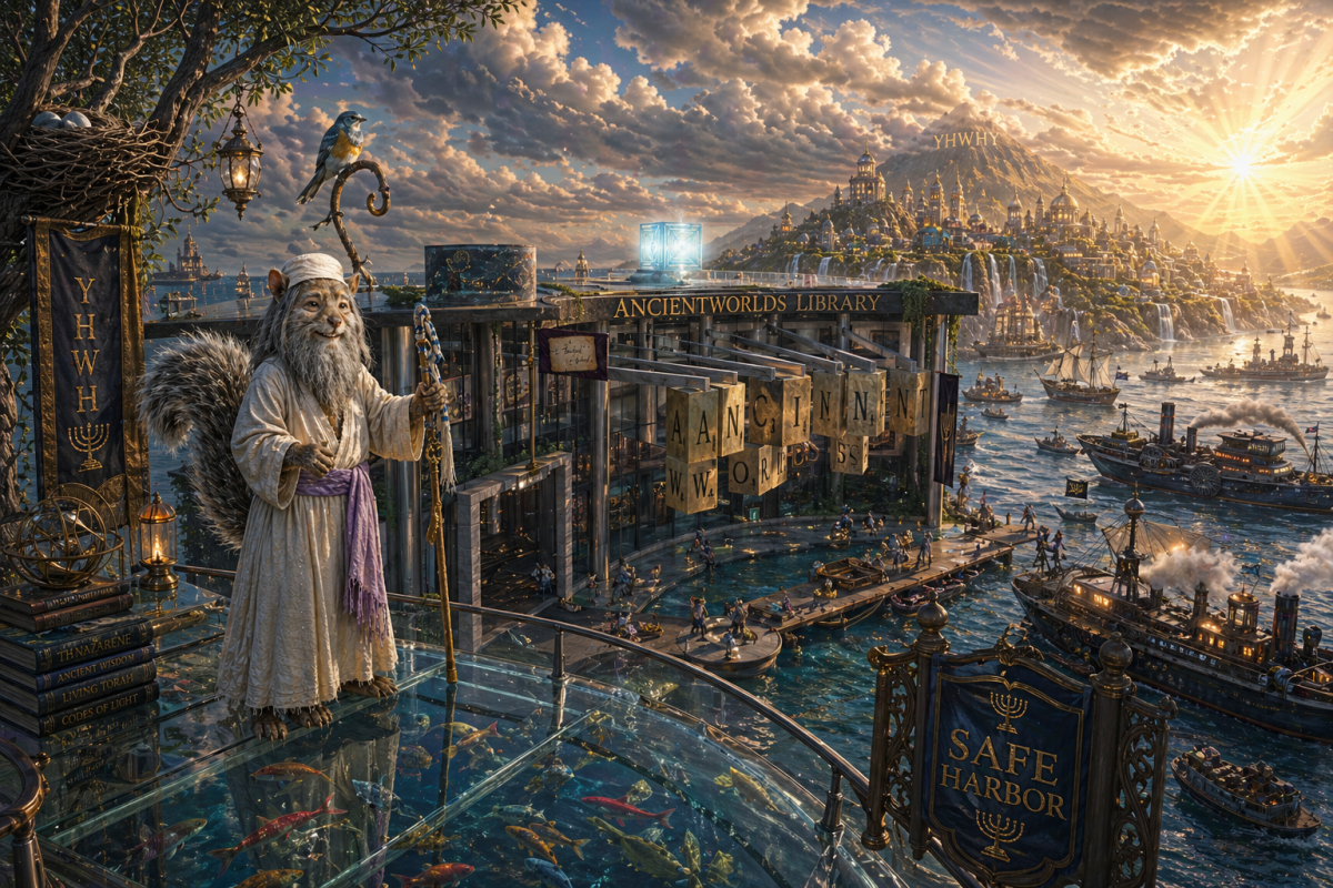 standing on glass with fishes below the ancientwodrs library behind behind the library is a waterway with steampowerd and hampster defence navy a merchant boats at safe harbor