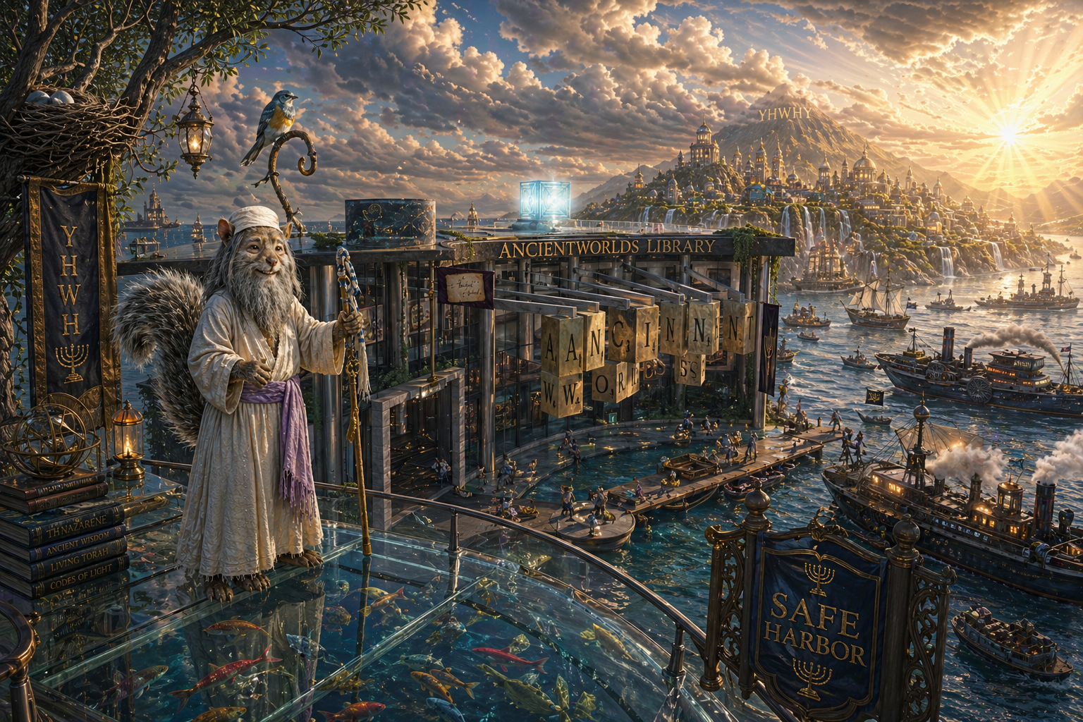 standing on glass with fishes below the ancientwodrs library behind behind the library is a waterway with steampowerd and hampster defence navy a merchant boats at safe harbor