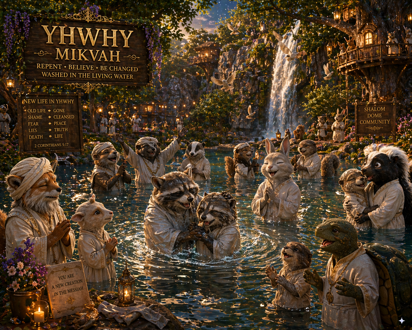 the mikvah pond for baptism you can see their lives have been changed by their faces the water is warm trees surround the pond and cliffs and a waterfall bubbles