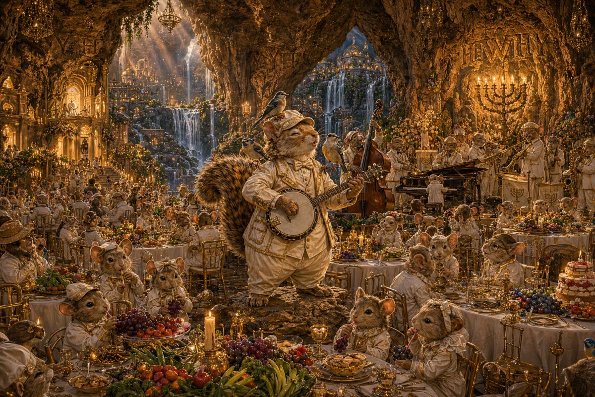 the natural place of worship area in the natural cathedral of rock the place of worship they are having a formal dinner all the families and dignitaries sitting at tables with white linens