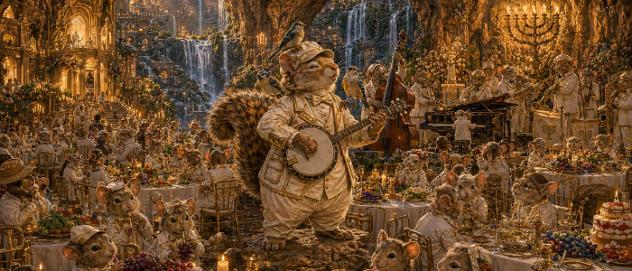 the natural place of worship area in the natural cathedral of rock the place of worship they are having a formal dinner all the families and dignitaries sitting at tables with white linens