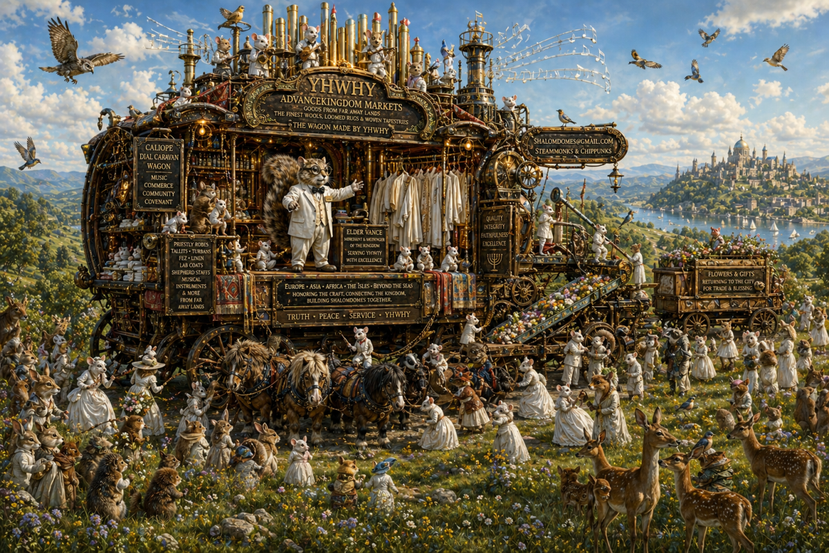 the wagon now has a retractable roof that musical pipes of a calliope steampunk mechanical musical instruments playing music and people from all around coming and dancing purchasing with flowers