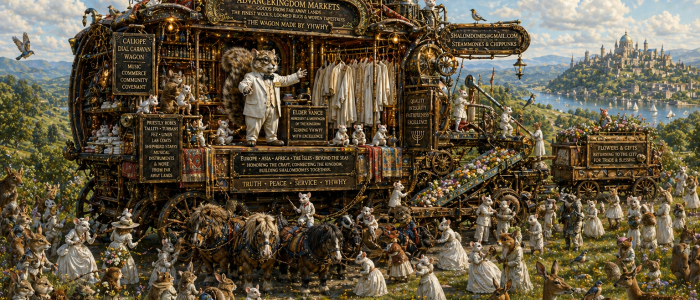 the wagon now has a retractable roof that musical pipes of a calliope steampunk mechanical musical instruments playing music and people from all around coming and dancing purchasing with flowers