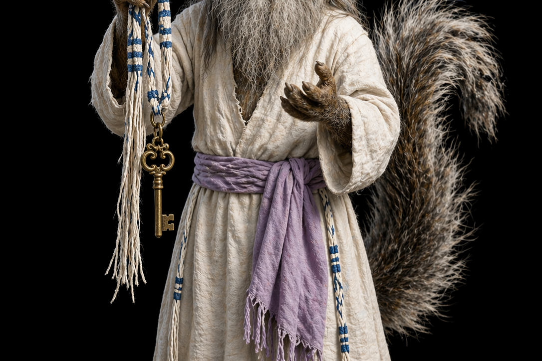 white linen kuffi fez more squirrel features my tail is old grey and beatup cute like all the images caracter style from today i am holding a large tzitzit that has an antique key