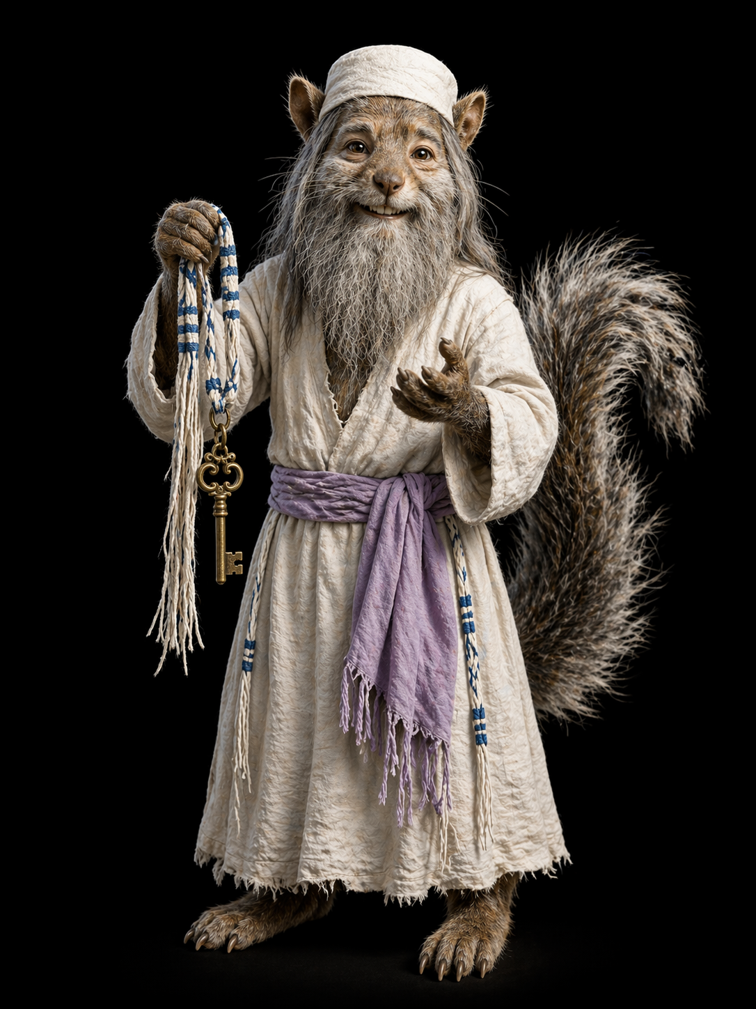 white linen kuffi fez more squirrel features my tail is old grey and beatup cute like all the images caracter style from today i am holding a large tzitzit that has an antique key