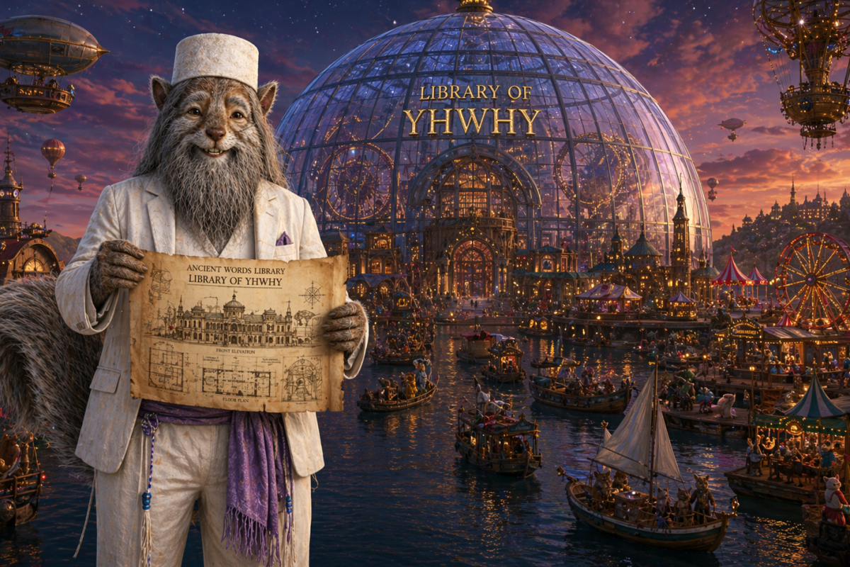white tux fez purple talit around waist holding the blueprint of the ancient words library in the background is the library of yhwhy
